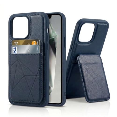 Image of amazon basics Premium Vegan Leather Back Cover with Card Holder and Integrated Mobile Stand for iPhone 16 Pro - Slim Shockproof Wallet Case with Geometric Stitching [Blue]