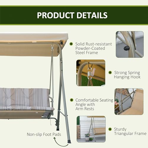 Outsunny 3 Seater Garden Swing Chair Patio Swing Bench with Tilting Canopy, Removable Cushion, Light Brown Top, Brown - Image 4