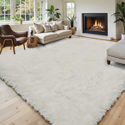 Area Rugs 9x12 Living Room, Large Area Rug Shaggy Carpet Soft Plush Furry Bedside Rug, Machine Washable Area Rugs for Bedroom Home Decor Non-Slip(9 x 12, Cream)