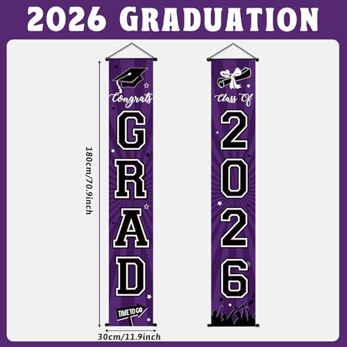Image of Graduation Banner 2026 Graduation Decorations Purple and Black Grad Banner Porch Sign Class of 2026 Door Decor Congrats Hanging Backdrop Purple Grad Party Decor for School Congratulations Supplies