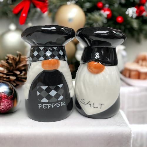 KARALIN Ceramic Salt & Pepper Shaker Sets Farmhouse Salt Shaker Rustic Kitchen Decor Tabletop Accessories Cute Chef Design Housewarming with Box Salt and Pepper Seasoning Set (Black & White) — view 3