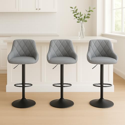 Image of MOF Adjustable Bar Stools Set of 3, Swivel Faux Leather Breakfast Bar Stools with Backrest, Counter Height Kitchen Island Bar Chairs/Counter Stools with Footrest, Diamond Quilted (Light Grey)