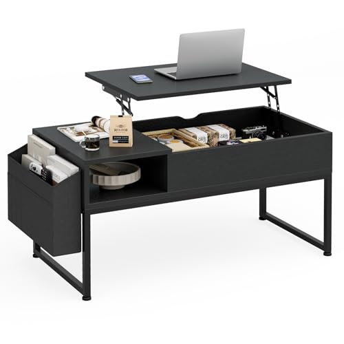 IKIFLY ローテーブル 昇降式 コーヒーテーブル 木製リフティングテーブル 多機能 リビングテーブル 高さ調整 簡単開閉 ホンムオフィス ガス昇降式 ダイニングテーブル リビングルームとオフィス用 収納テーブル 在宅勤務 食事 幅90×奥行45×高さ46-59cm (ブラック)
