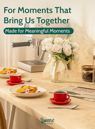 Image of Sweese 2.5 Ounce Porcelain Stackable Espresso Cups with Saucers and Metal Stand Set of 4, Red