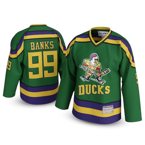 UNLC Banks #99 Mighty Ducks Hockey Jersey – Stitched Letters & Numbers, Authentic Apparel, Breathable Polyester, Green, Large