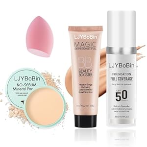 4PCS Full Coverage Foundation Set,Waterproof Long Lasting Moisturizing Color Changing Foundation,Hydrating BB Cream,Translucent Matte Loose Setting Powder Face Base Makeup Set with Makeup Sponge