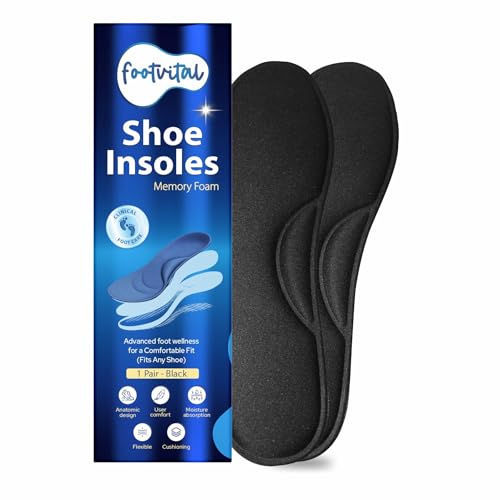 Image of Footvital Memory Foam Shoe Insoles for Men and Women | Soft Cushioned Inserts for Long Standing and Walking | Supports Heel and Arch | Shock Absorbing | Moisture Absorbing | Lightweight Washable Insoles for All Shoes | 1 Pair | Black | Size 8