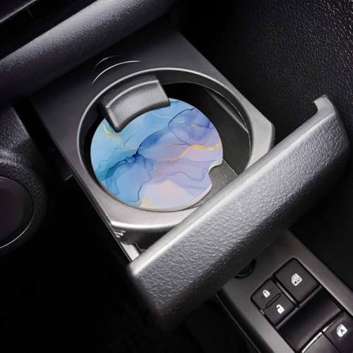 Blue Purple Ombre Marble Set of 2 Car Coasters for Cup Holders, Aesthetics Abstract Modern 2.6 Inch Absorbent Ceramic Coasters for Drinks/Tea/Coffee