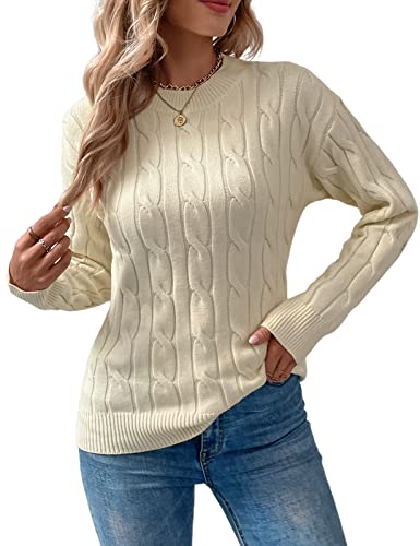 RITOSTA Pull Femme Hiver Chic Pullover Col Rond Pull Chaud Jacquard Sweater Vintage Pulls Tricot à Manches Longues Tops Casual Chandail Automne(Blanc,M)
