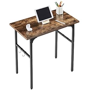 VECELO 32″ Computer Writing Desk for Home Office, Study Table Workstation for Small Spaces, with 4 Hooks & Adjustable Legs, Metal Frame, Brown