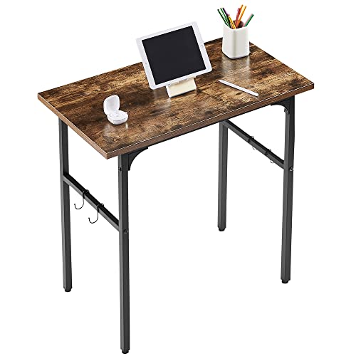 VECELO 32″ Computer Writing Desk for Home Office, Study Table Workstation for Small Spaces, with 4 Hooks & Adjustable Legs, Metal Frame, Brown