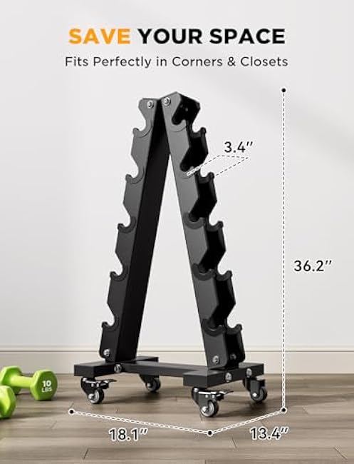 YOLEO Heavy-Duty A-Frame Dumbbell Rack with Wheels, 5-Tier Weight Rack, 440LBS Capacity, Space-Saving Home Gym Storage Organizer, Anti-Slip & Finger-Safe Design (Rack Only)