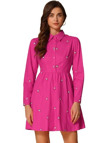 Image of Allegra K Women's Shirt Dress A Line Embroidered Floral Mini Dresses | Casual, Collar, Long Sleeve, Button Down, Half Placket, Invisible Zipper, Knee Length