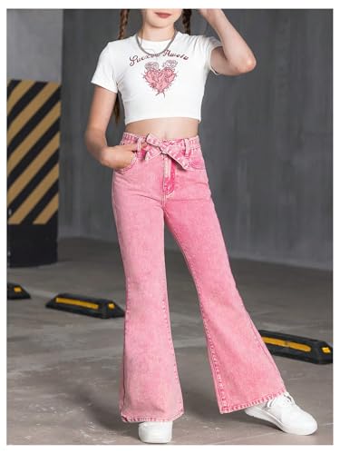 WDIRARA Girl's High Waist Flare Leg Jeans Washed Belted Y2k Denim Pants with Pockets4