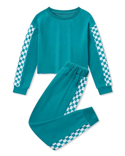 Image of SANMIO Toddler Girl Clothes 2 Piece Outfits Girls Tracksuit Activewear | Long Sleeve Crewneck Checkered Sweatshirts and Sweatpants Casual Fall Winter Clothing Set
