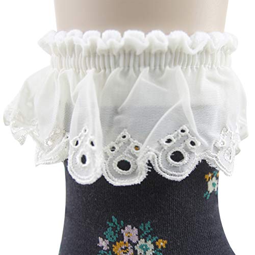 Image of KitNSox Funcat Women's Lace Ruffle Frilly Colorful Floral Cotton Casual Novelty Ankle Socks 4 /5 /6 Pairs