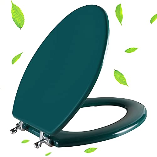 Dark Green Elongated Toilet Seat Natural Wood Toilet Seat with Zinc Alloy Hinges, Easy to Install...