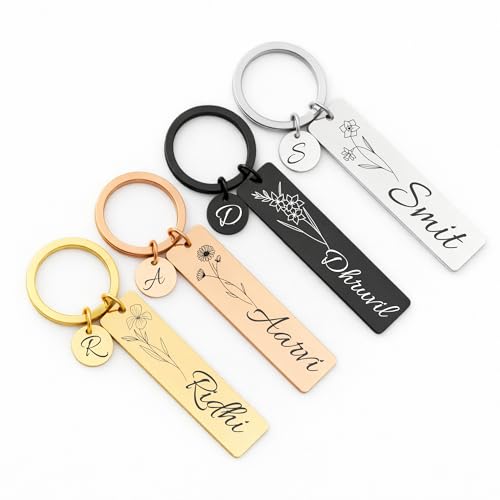 Image of Personalized Double-Sided Stainless Steel Keychain, Custom Name and Birth Flower Engraving, Initial Charm, Silver