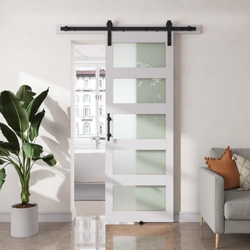 SMARTSTANDARD 30 x 84 Glass Barn Door with 5FT Hardware Kit Included 5-Panel Glass DIY Assembly Required Waterproof PVC Coating Pure White