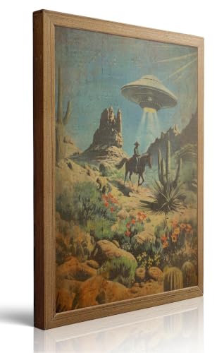 EVFYPS Framed Vintage Intergalactic Western Canvas Wall Art, Alien UFO Abducting Cowboy,Desert Cactus and Flowers Wall Decor, Retro Sci-Fi Wall Art for Living Room Bedroom – Wooden Frame 16X24in