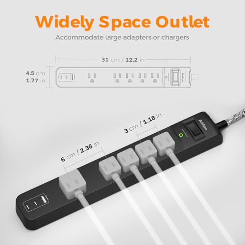 2 Pack Power Bar Surge Protector - 5 Widely Spaced Outlets 3 USB Charging Ports(2 USB C), 1875W/15A with 6Ft Braided Extension Cord, Flat Plug, Overload Surge Protection, Wall Moun image 5
