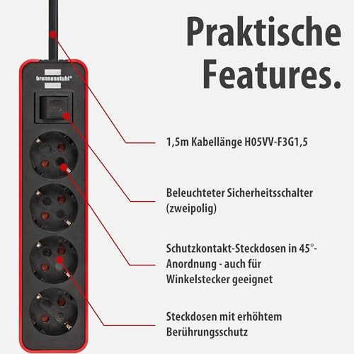 Brennenstuhl Ecolor Steckdosenleiste 4-Fach (Mehrfachsteckdose mit Schalter und 1,5m Kabel) rot/schwarz