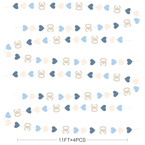 Image of Champagne Gold Blue 30th Birthday Decorations Champagne Gold Dusty Blue Heart Garland Streamer Banner Backdrop for Women Happy 30th Birthday Dirty Thirty Cheers to 30 Years Anniversary Party Supplies