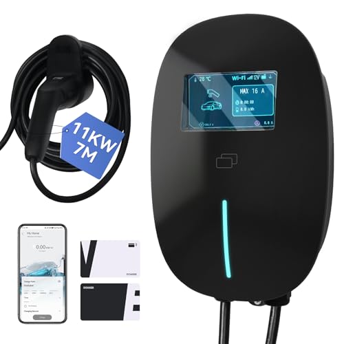 FULLWATT EV Ladegerät Typ 2 11 kW, Wallbox Ladestation mit APP und RFID, 3-Phasig 7M 6-16A, mit LCD und Ladegerätehalter, IP54, für Alle EVs und PHEVs, Schwarz (11kW-Schwarz) (11kW-Schwarz)