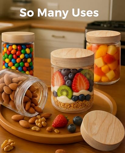 Image of 16oz 4 Pack Glass Mason Jars Overnight Oats Containers with Ashwood Lid | Airtight Chia Seed Pudding Jars with Screw on Top Wide Mouth Food Storage Jar for Meal Prep, Yogurt, Spice, Herb and Tea