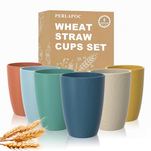 Image of Wheat Straw Small Cups Set of 6, 12 OZ Plastic Kids Cups, Colorful | Reusable Plastic Drinking Glasses for Latte & Coffee - Unbreakable Drinkware for Camping