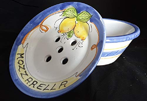 Generico Ciotola Porta Mozzarella in Ceramica di Vietri Dipinta a Mano Decoro Limoni, Diametro 20 cm, Altezza 11 cm, Made in Italy