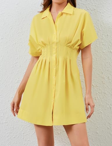 Image of Women Summer Short Sleeve Button Front Pleated Shirt Dress Striped Collar V Neck Casual Y2k Swing Short Mini Dress