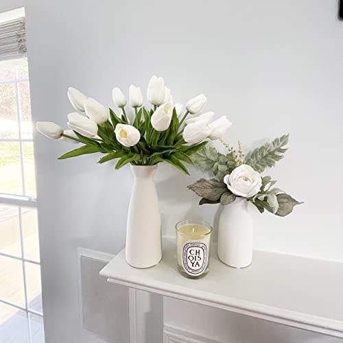 20pcs Artificial Tulips Flowers Fake Faux PU Tulip Bouquet Real Touch Flower Arrangement for Home Room Office Party Wedding Decoration Excellent Gift Idea for Mothers Day (White) image 2