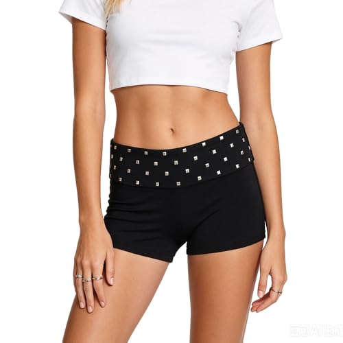 Fufuriprefer Women Y2K Low Waist Studded Shorts Punk Fold Over Slim Fit Skinny Micro Mini Shorts Low Rise Sexy Bottom (Single-Sided Studded Black, S)