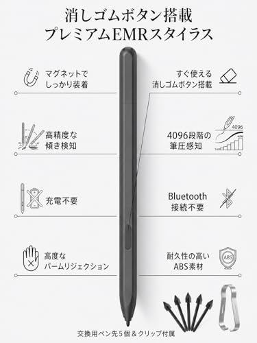 磁気EMRスタイラスペン、4096段階筆圧検知、手書き・描画対応、パームリジェクション、消しゴム機能付き、替え芯5本付属（0.8mmチップ）、reMarkable 1/2・Galaxy・Acer・Lenovo・HP・ASUS・Wacom One対応