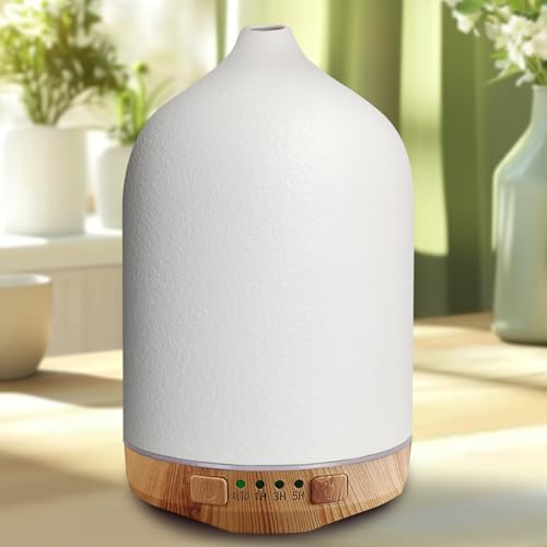 Vasysvi Essential Oil Diffusers, Ceramic Diffuser for Home, 300ml Aromatherapy Diffuser with Waterless Auto-Off & 7 LED Color Light, Quiet Essential Oil Diffuser for Large Room Office