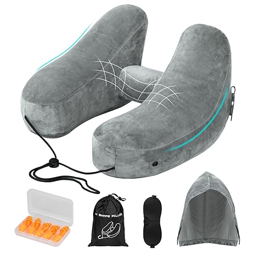 Almohada de Viaje Hinchable, Cojin Cervical Inflable Viaje de Cuello, Almohada Avion con Cubierta Suave de Terciopelo, Sombrero, Cordón Máscara de Ojos y Tapones para los Oídos para Coche (Gris)