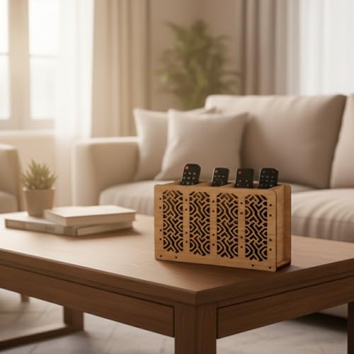 Image of Wooden Remote Holder for Table - 4 Slot Remote Organizer Caddy | Decorative Laser Cut TV Remote Control Storage Stand for Coffee Table, Living Room & Office | 7 x 5 x 2.5 Inches