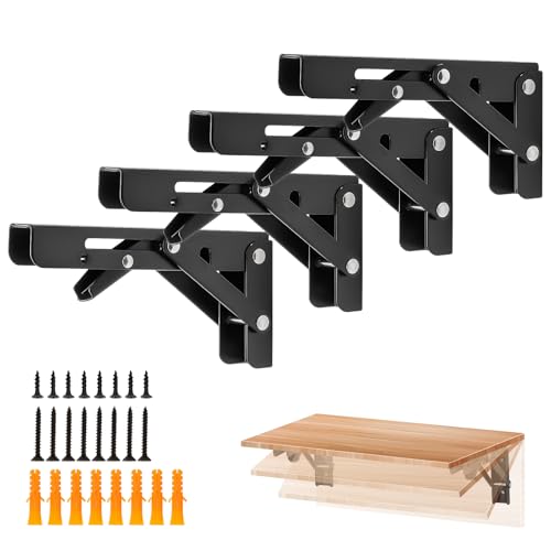 Image of Ravinte 4 Pack 6 Inch Folding Shelf Brackets - Matte Black, Heavy Duty Collapsible Brackets for Tables and Benches - Space-Saving Design