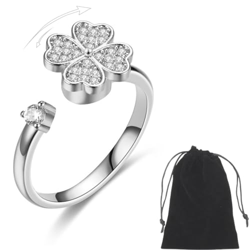 INGJIA Bague Anti-Stress Rotative en Argent - Anneau de Relaxation Ajustable pour Anxiété avec Papillon, Lune, Soleil et Cristal - pour Femme et Homme
