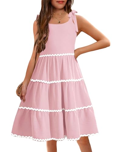 Arshiner Girls Summer Sleeveless Bow-Tie Straps Sundress Flowy Smocked Backless Tiered Lace Swing Midi Dress with Pockets