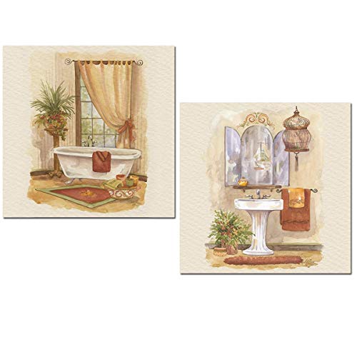 Set de 2 cuadros decorativos para baño “Acuarela baño” 24×24 cm – estilo acuarela, rustico, vintage – MDF impermeable antihumedad – instalación sin taladro con adhesivo industrial – Lippi Decor