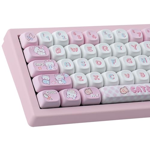 Sunzit Cute Custom Keycaps 141 Teclas PBT Keycap Set, Teclas de Perfil Moa Dye-Sub Pink Cat Eat Fish Keycaps para interruptores Cherry MX Teclado mecánico para Juegos con diseño ISO/ANSI UK