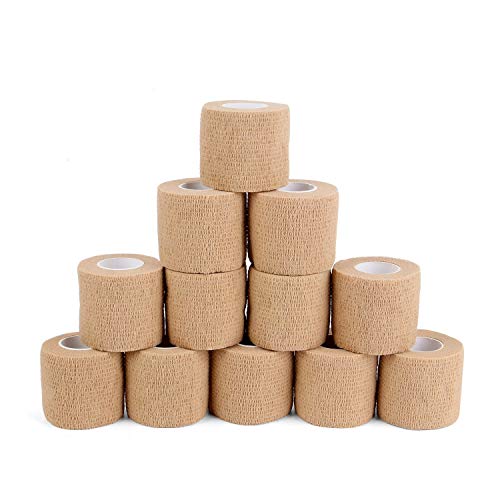 Pack de 12 Vendas cohesiva de 5 cm x 4.5 m, vendas autoadhesiva para esguinces e hinchazón, Suministros Médicos de Primeros Auxilios para Protección Deportiva (Beige)