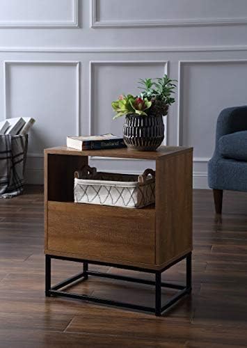 Rustic Brown Finish Black Frame 2-Tier Side End Table Nightstand with Drawer