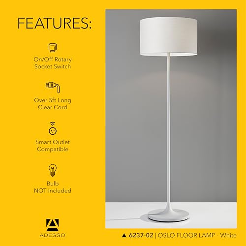 Adesso Floor Lamp with Scratch Proof and Corrosion Resistant Body - Perfect Lighting for Bedroom, Living Room and Corner Decor, Matte White by Adesso - Image 5