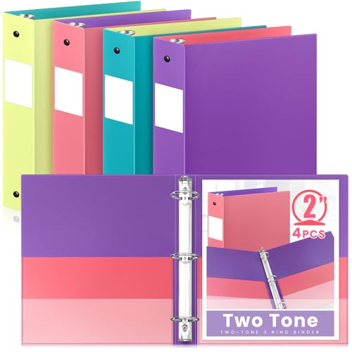 Henoyso 4 Pack Two-Tone Durable 3 Ring Binders 2 Inch, 4 Inner Pockets, Colored Plastic Flexible Binders with Large Capacity for School & Office