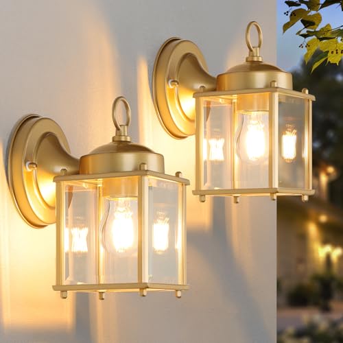 Image of MATAMEYE Outdoor Wall Lantern, Exterior Waterproof Wall Sconce Light Fixtures, Gold Front Door Lighting with Clear Beveled Glass Shade, 2 Pack