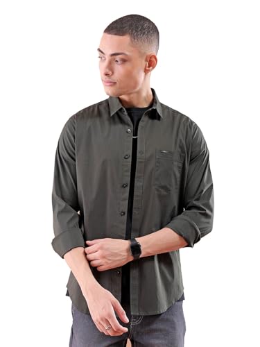Image of The Indian Garage Co Men's Cotton Slim Fit Solid Full Sleeves Spread Collar Casual Shirt