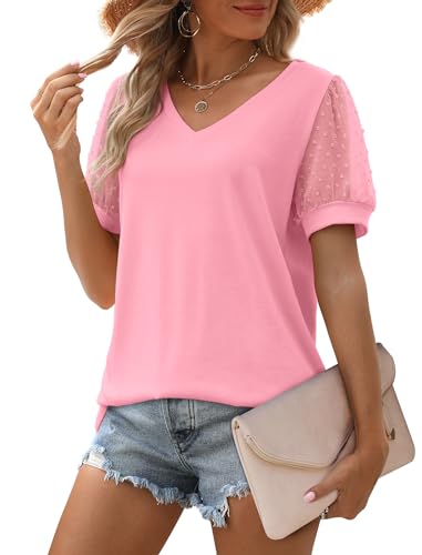 Image of Aokosor Womens Summer Tops V Neck T Shirts Swiss Dot Puff Sleeve Tops Loose Casual Tshirts